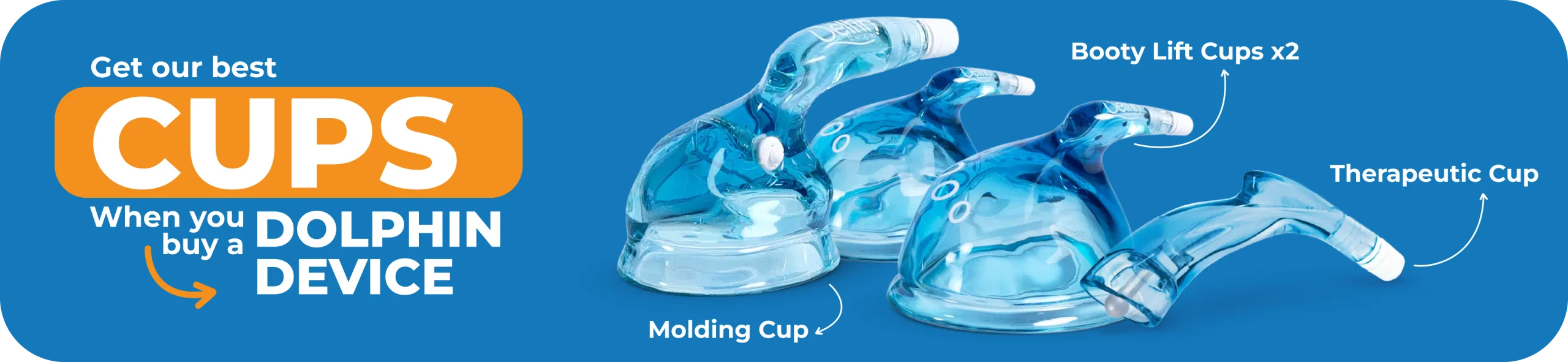 Banner promocional azul con texto en español: "Adquiere nuestras mejores copas comprando un equipo delfín" "copa molding" "copas booty lift x2" "Copa terapétuica"